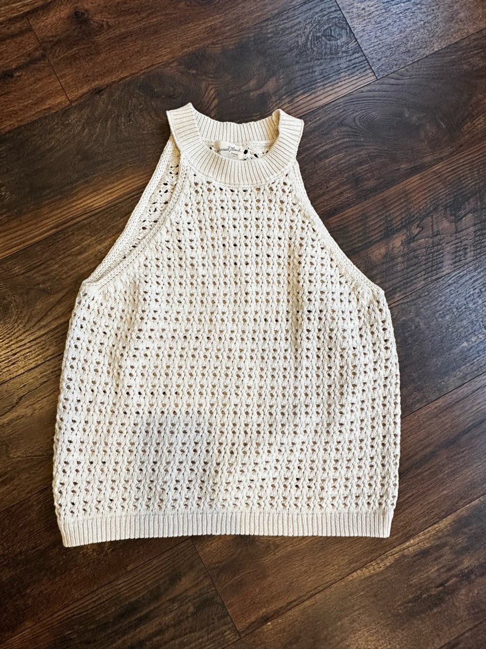 Open Weave High-Neck Tank Top — Cream